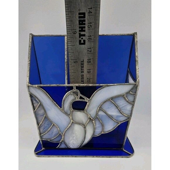 Hand Crafted Sturdy Stained Glass Blue and Milky White Translucent Glass, RH 84 - Picture 6 of 11